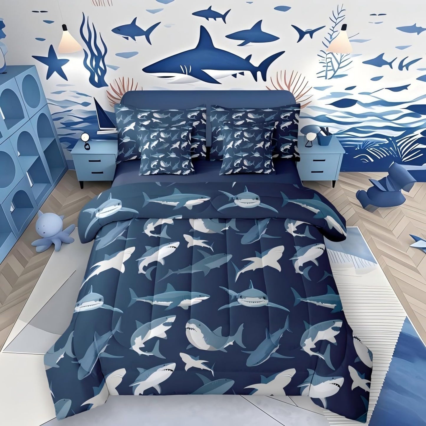 Erosebridal 10 Pieces - Boys Shark Ocean Themed 2 Comforters + 4 Pillow Cases + 1 Fitted Sheet + 1 Flat Sheet + 2 Pillow Shams