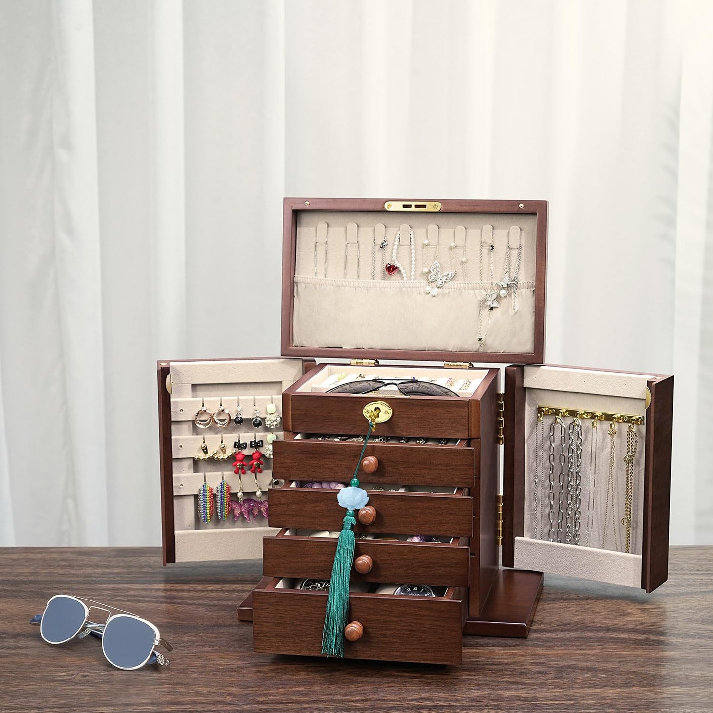 Artisticbox Lockable Wooden Jewelry Box for Women - 8-Layer Dresser Top Jewelry Boxes and Organizer with Key,Large Storage for Necklaces,Solid Wood Jewelry Organizers with Necklace Hooks