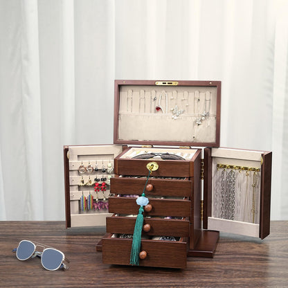 Artisticbox Lockable Wooden Jewelry Box for Women - 8-Layer Dresser Top Jewelry Boxes and Organizer with Key,Large Storage for Necklaces,Solid Wood Jewelry Organizers with Necklace Hooks