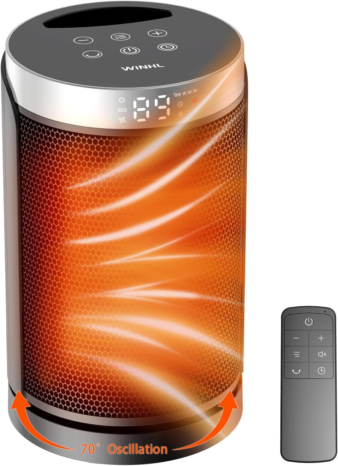WINHL Portable Electric Space Heater - 1500W PTC Ceramic with Thermostat & Remote | 70° Oscillation, 12H Timer, 5 Modes