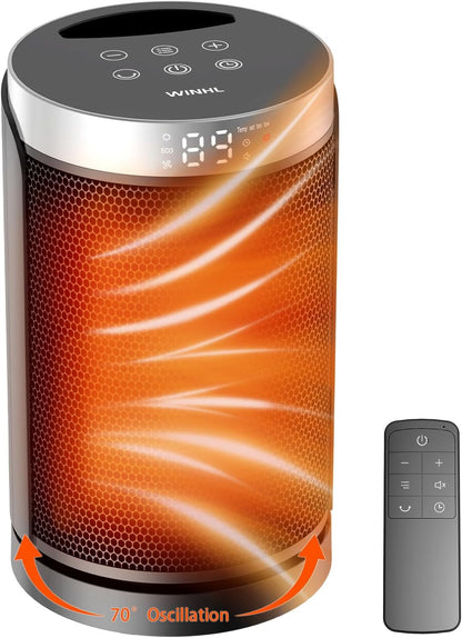 WINHL Portable Electric Space Heater - 1500W PTC Ceramic with Thermostat & Remote | 70° Oscillation, 12H Timer, 5 Modes
