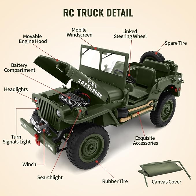 Remote Control Truck Off Road - 4x4 1/10 Scale Willys Army Rock Crawler RC Truck with Winch&ampCar Cover 40Mins Play Time All Terrain Offroad RC Car Military Vehicle Toys for Boys Radio Controlled