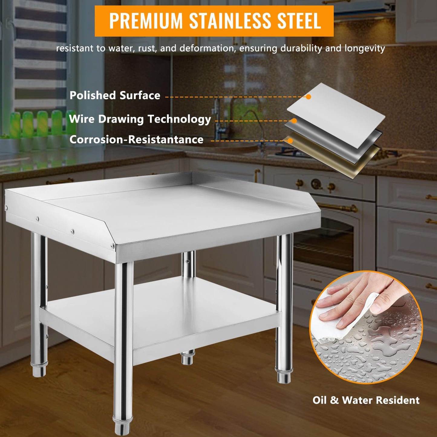 GarveeTech Stainless Steel 36x30x24 in Equipment Grill Stand Table, 1000 LBS Top Shelf, 220 LBS Bottom Shelf, Adjustable Legs, 2 in Edge Baffle, for Hotel, Home, Commercial Restaurant Kitchen