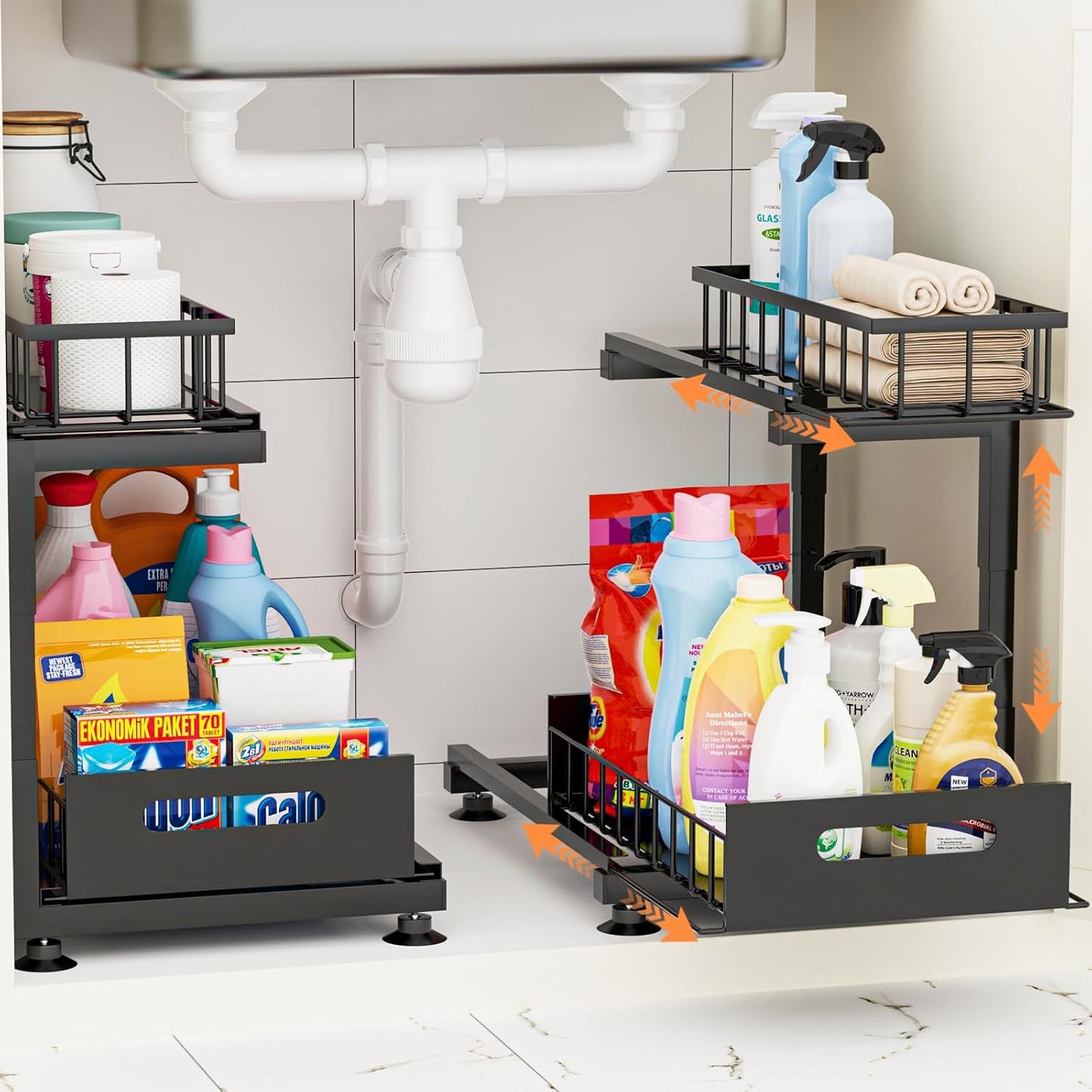 Under Sink Organizer by [Brand Name] - Heavy Duty Metal Pull-Out Cabinet Shelf | Adjustable Multi-Purpose Storage (Black, 2-Pack)