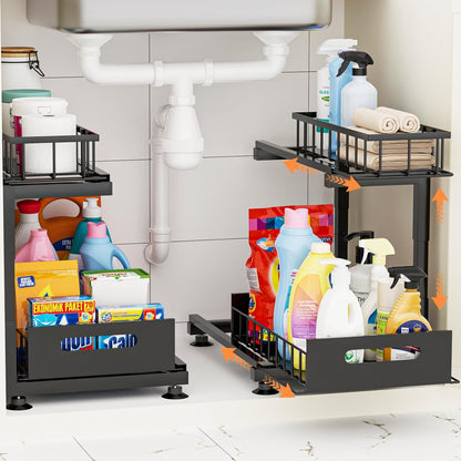 Under Sink Organizer by [Brand Name] - Heavy Duty Metal Pull-Out Cabinet Shelf | Adjustable Multi-Purpose Storage (Black, 2-Pack)