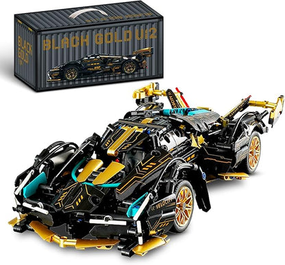 1:14 V12 Technic Super Sports Cars Model Sets - 1314 PCS Black Gold MOC Building Block Car Raceing Engineering Toys - Gift Idea for Adults Boys Girls for Play and Display Collection