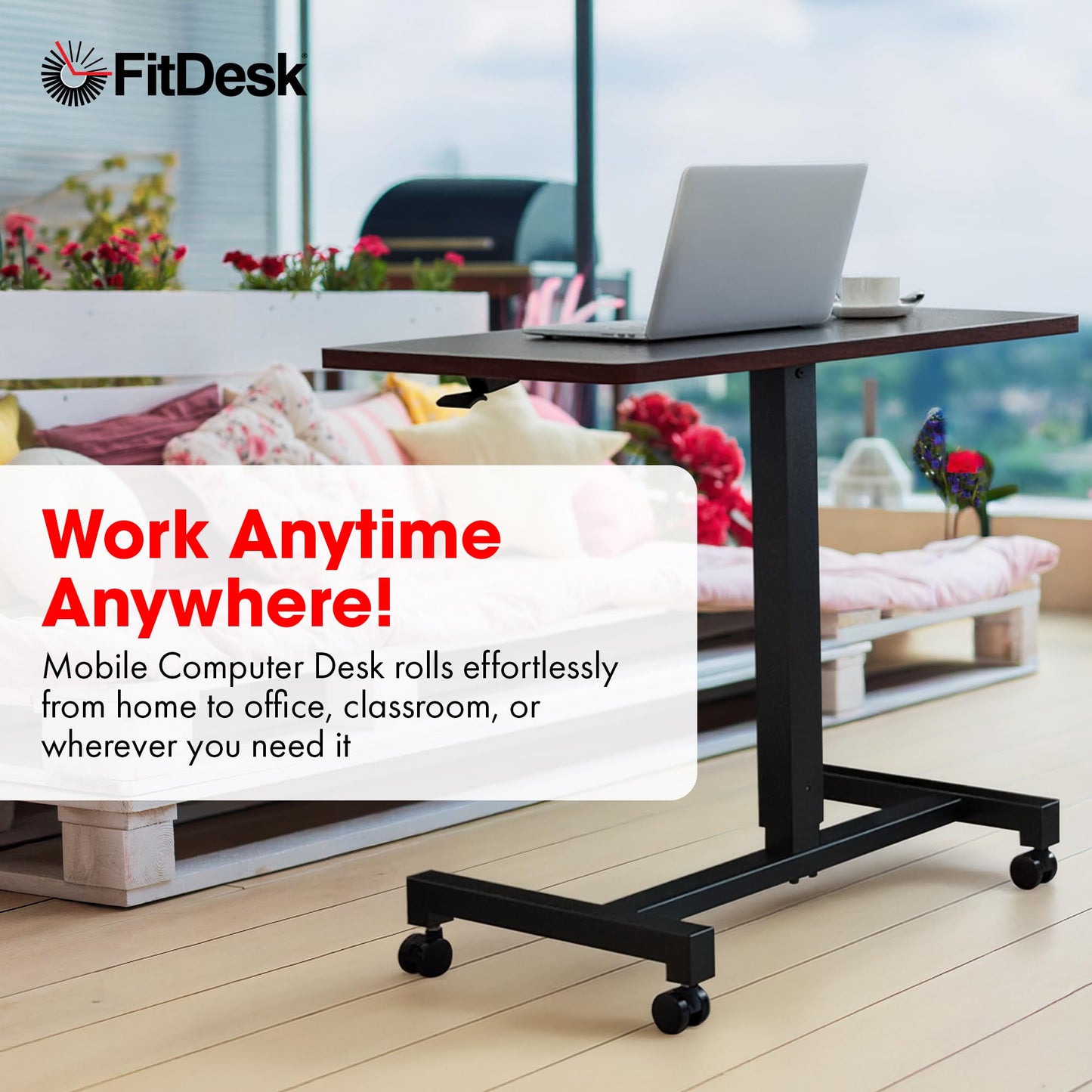 FitDesk Portable Laptop Desk, Rolling Standing Workstation Adjustable Height, Compact Standing Table with Large Surface, Small Stand Desk for Home Office, 30 lb Weight Limit – Walnut, 27" Tabletop