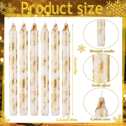 Conelist 6 Pcs White Gold Decorative Taper Candles 10 Inch Unscented Smokeless Handmade Long Burning Tall Taper Candles for Wedding Home Dinner Birthday Holiday Party Decoration