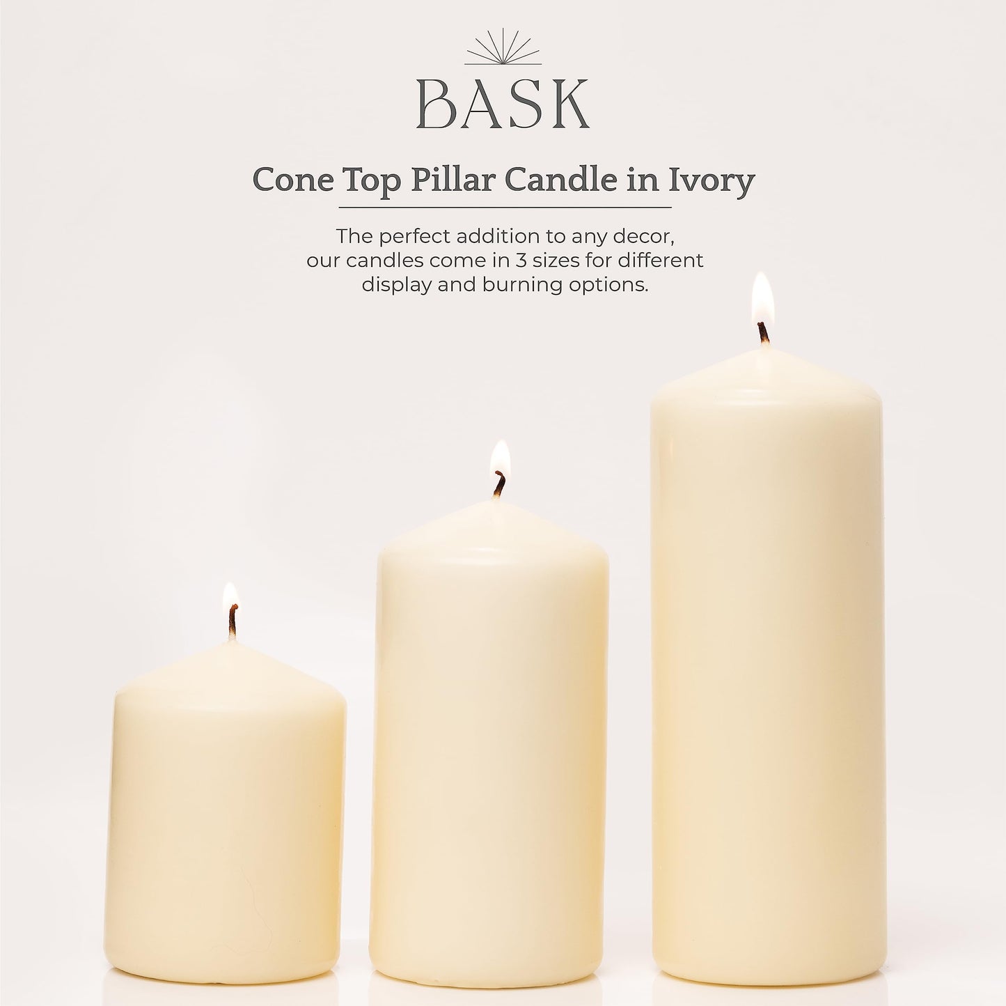 Bask Cone Top Pillar Candles - Elegant Ivory Candles - Set of 3 Ivory Pillar Candles - 3"x4", 3"x6", and 3" x8 - Smokeless and Dripless Decorative Candles for Home Decor and Relaxation