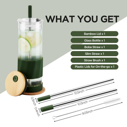 Spreccio Glass Cups With Lids and Straws, 20oz Reusable Iced Coffee Cup, Olive Glass Tumbler with Silicone Sleeve, Perfect for Fruity Drinks, Iced Tea, or Smoothies