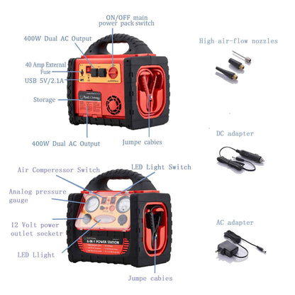 Tyrell Chenergy 2200 Amp Car Jump Starter with Air Compressor,Portable Power Station with 260 PSI Tire Inflator,400W Power Inverter Dual AC/DC Ports,2.1A USB Port,Battery Clamps
