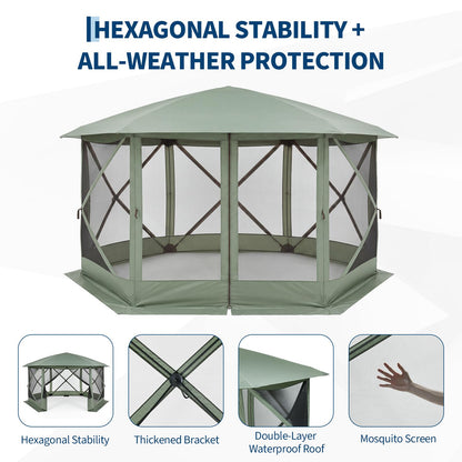 GarveeHome 13x13FT Pop Up Gazebo Screen Tent, 6-Sided Canopy with Starry Sky Top, 210D Oxford Water-Proof Instant Shelter with Mosquito Netting for Backyard Camping, Green & Gray