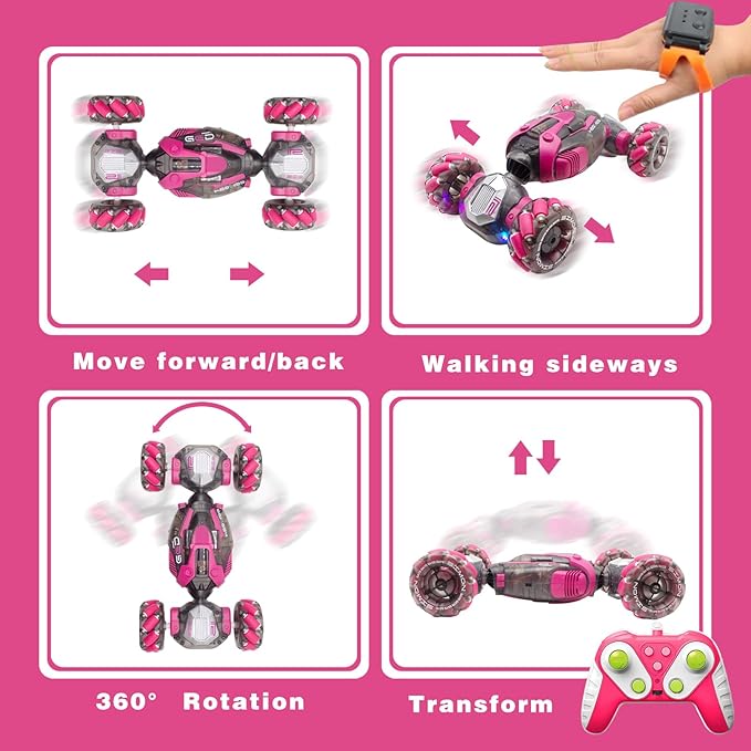 Gesture Sensing RC Stunt Car Remote Control Toys for Kids Age 6 7 8 9 10 11 12 13 Year Old for Boys Girls Birthday Xmas Gifts 4WD Hand Controlled RC Drift Car with Lights Music (Pink)