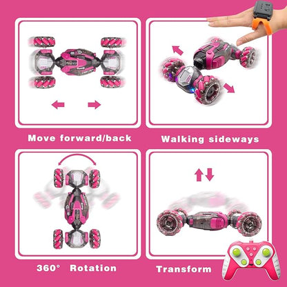 Gesture Sensing RC Stunt Car Remote Control Toys for Kids Age 6 7 8 9 10 11 12 13 Year Old for Boys Girls Birthday Xmas Gifts 4WD Hand Controlled RC Drift Car with Lights Music (Pink)