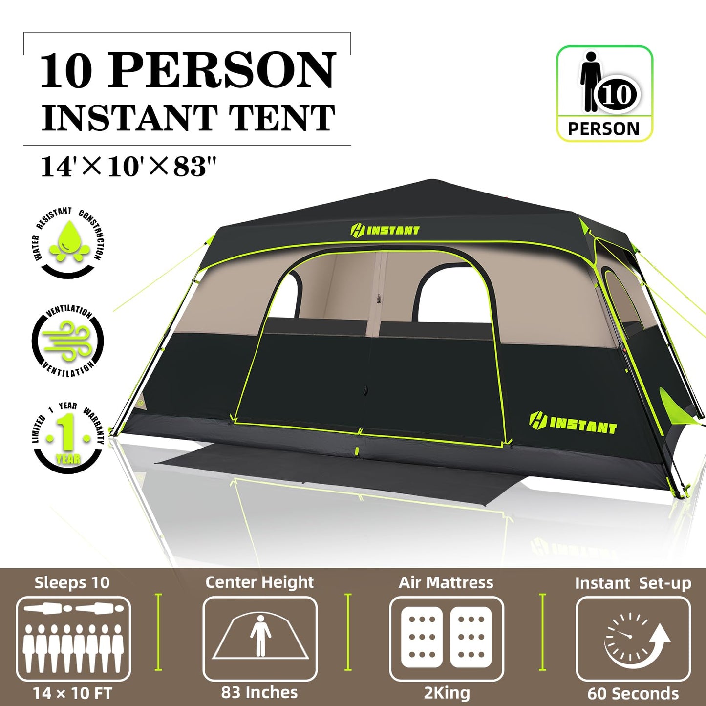 HINSTANT 4/6/8/10 Person Instant Tent, Waterproof Pop Up Tents for Camping with Rainfly, 60 Seconds Easy Setup, Automatic Cabin Tent for Family Camping with Expandable Carry Bag & Upgraded Ventilation