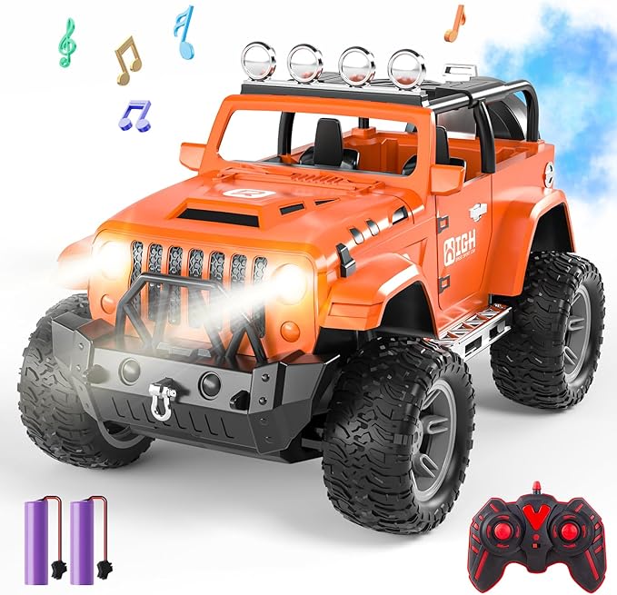 1:16 Remote Control Car with Spray Lights and Sound 2.4GHz Remote Control Jeep for Kids All Terrain Off-Road Jeep RC Car Toys Gift for Boys and Girls