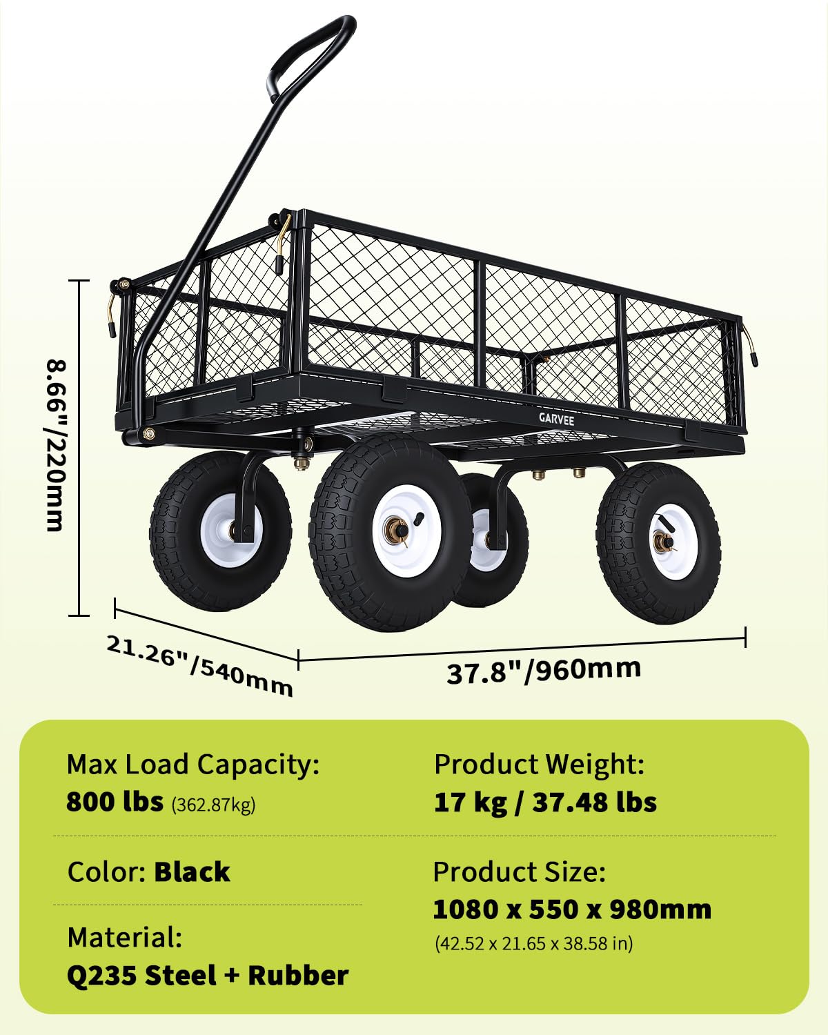 Garvee Versatile Outdoor Utility Cart - 800LBS Heavy-Duty, 10" All-Terrain Pneumatic Tires, Easy Maneuverable Lawn Cart with Removable Mesh Panels for Gardening & Landscaping, Black