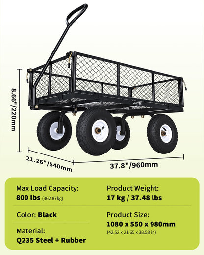 Garvee Versatile Outdoor Utility Cart - 800LBS Heavy-Duty, 10" All-Terrain Pneumatic Tires, Easy Maneuverable Lawn Cart with Removable Mesh Panels for Gardening & Landscaping, Black