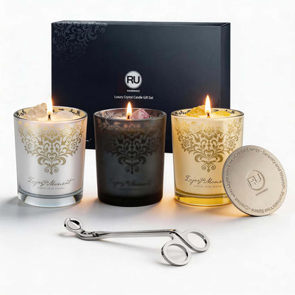RU HANDMADE Luxury Soy Candle Gift Set for Women – 3 Pack 7oz Crystal Glass Aromatherapy Candles, 120H Total Burn Time, Soy & Beeswax Blend with Wick Trimmer & Snuffer Lid, Spa & Relaxation Scents