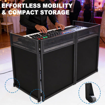 2026 Upgraded DJ Booth Stand Portable – 45"L x 25"W Foldable DJ Facade Booth with Dual Corner Panels, Wheels, Mobile DJ Controller Stand with Scrim & Carry Bag for Weddings, Parties & Events