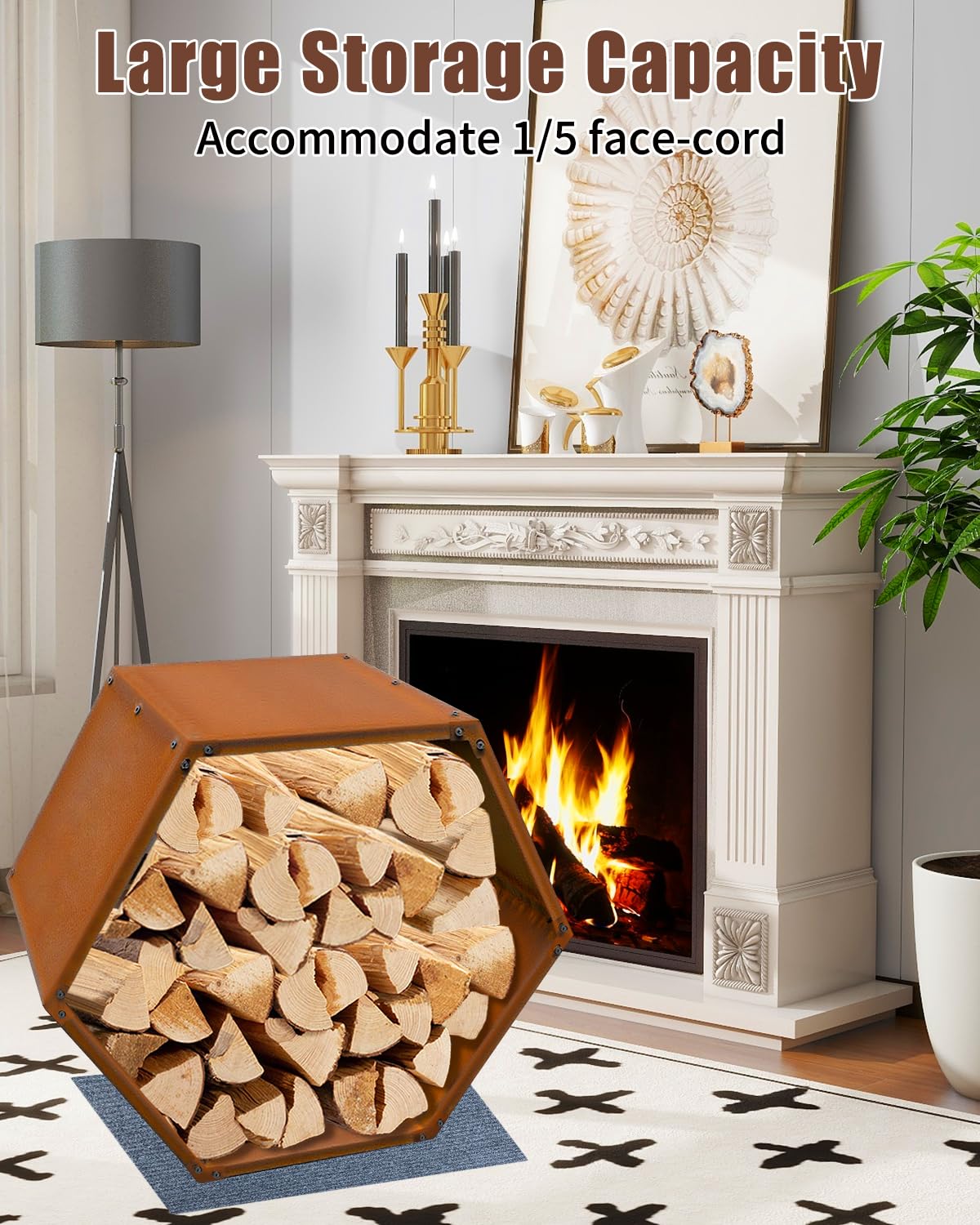 RUIJIU Firewood Log Rack Heavy-Duty, Corten Steel Firewood Rack with Hexagon Design, Fire Log Stacker for Wood Storage, Wood Holder for Outdoor Indoor
