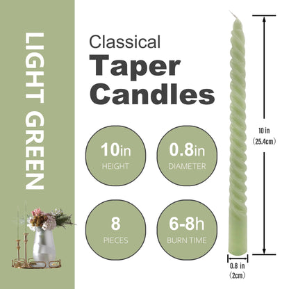 8 Pack 10 Inch Sage Green Spiral Taper Candles Long Burning Dripless Candles for Spring Decor Party Dinner Home Decor Wedding