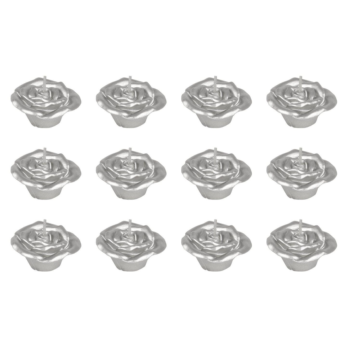 Mega Candles 12 pcs Unscented Rose Petals Flower Silver Floating Candles, Hand Poured Wax Candle 2 Inch Diameter, Home Décor, Wedding Centerpieces, Holidays, Occasions, Events, Festivities