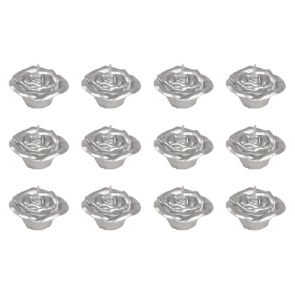 Mega Candles 12 pcs Unscented Rose Petals Flower Silver Floating Candles, Hand Poured Wax Candle 2 Inch Diameter, Home Décor, Wedding Centerpieces, Holidays, Occasions, Events, Festivities