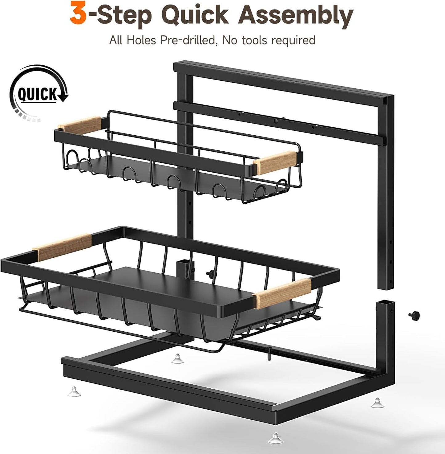 Sevenblue Under Sink Organizer - Height Adjustable 2-Tier Storage Shelf for Kitchen & Bathroom (Black, Large)