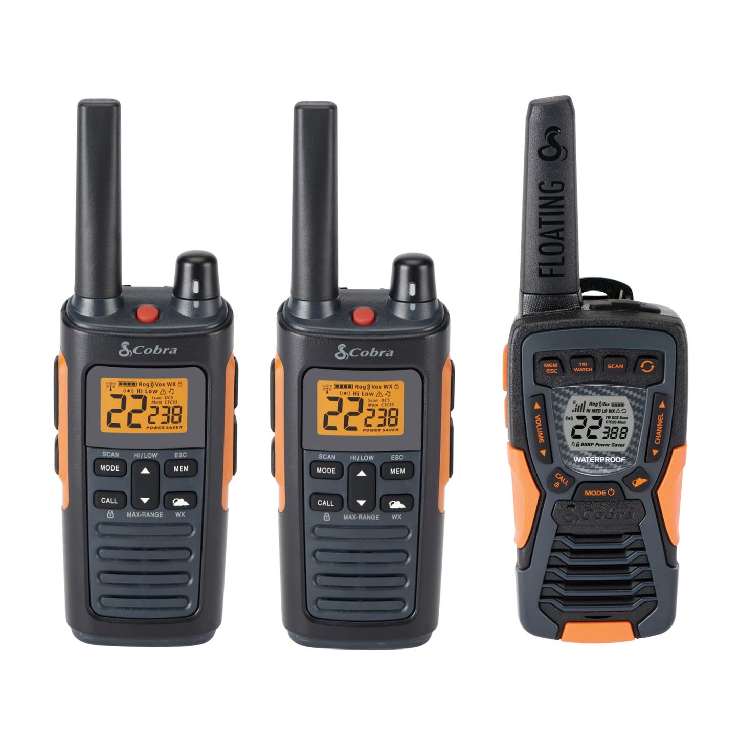 Cobra RX680 Walkie Talkies (2-Pack) - Rugged & Splashproof Two Way Radios Long Range, IP54 Water Resistant Design, 60 Pre-Programmed Channels, Weather Alerts, Included Charging Dock (Black/Orange)