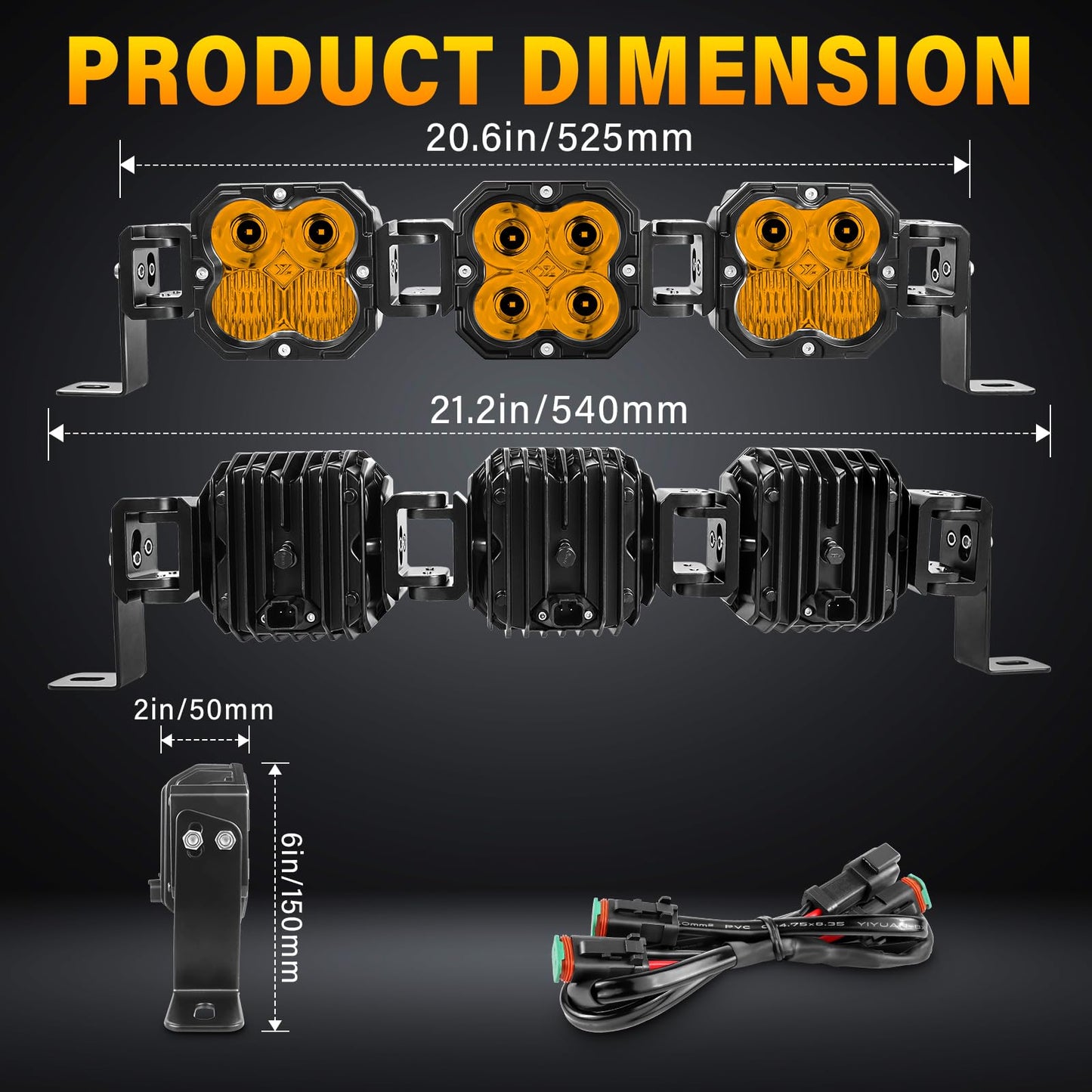 Willpower 21" 90W 9000LM LED Work Light Bar with DT Connector, Square Off Road Driving Lights 12V 24V Fog Lamps for Car Vehicle Truck 4x4 Boat Tractor, 3000K Amber, Waterproof Headlight, Spot Flood