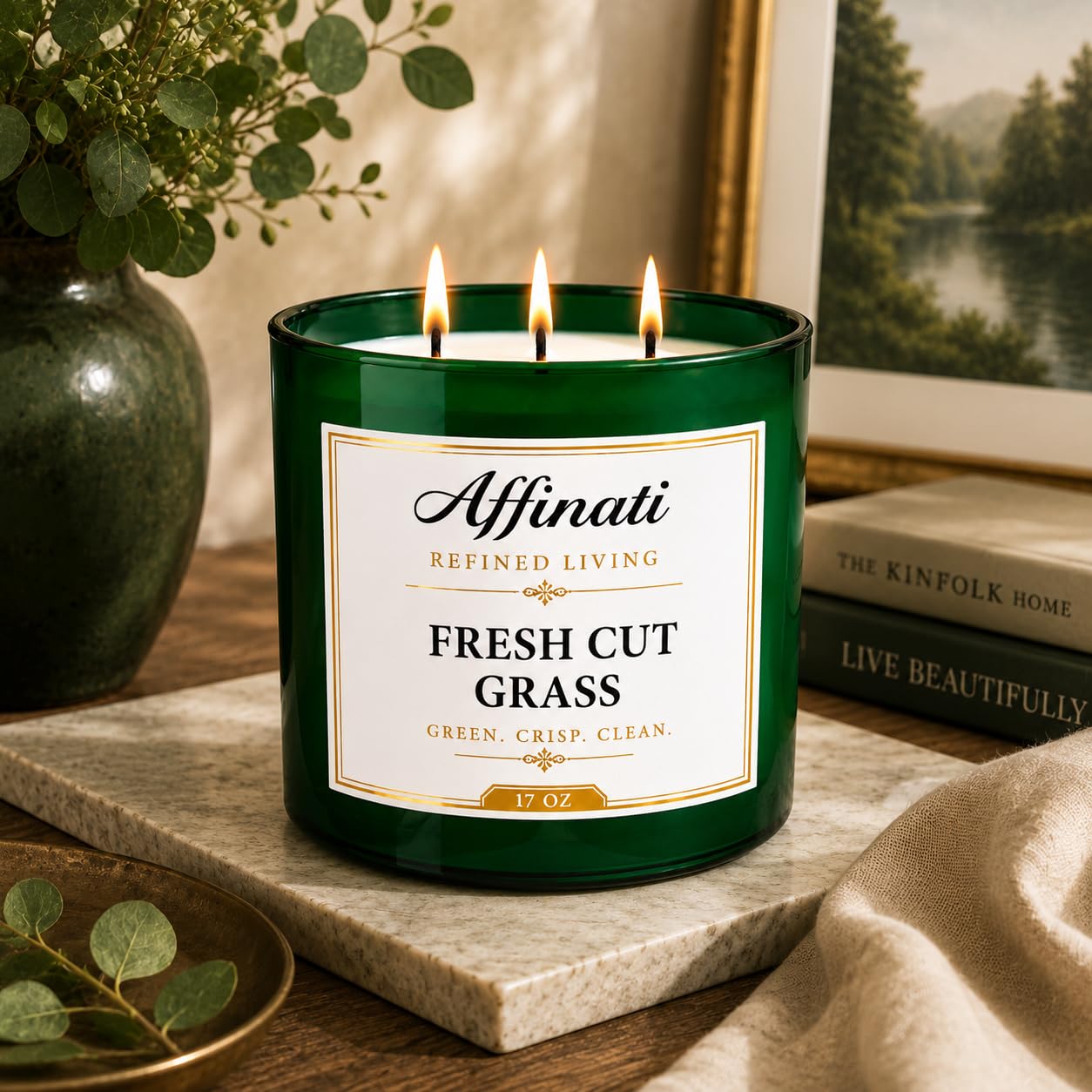 Affinati Fresh Cut Grass 3-Wick Candle - 17 oz Luxury Soy Blend Wax Candle, Long-Lasting Home Fragrance