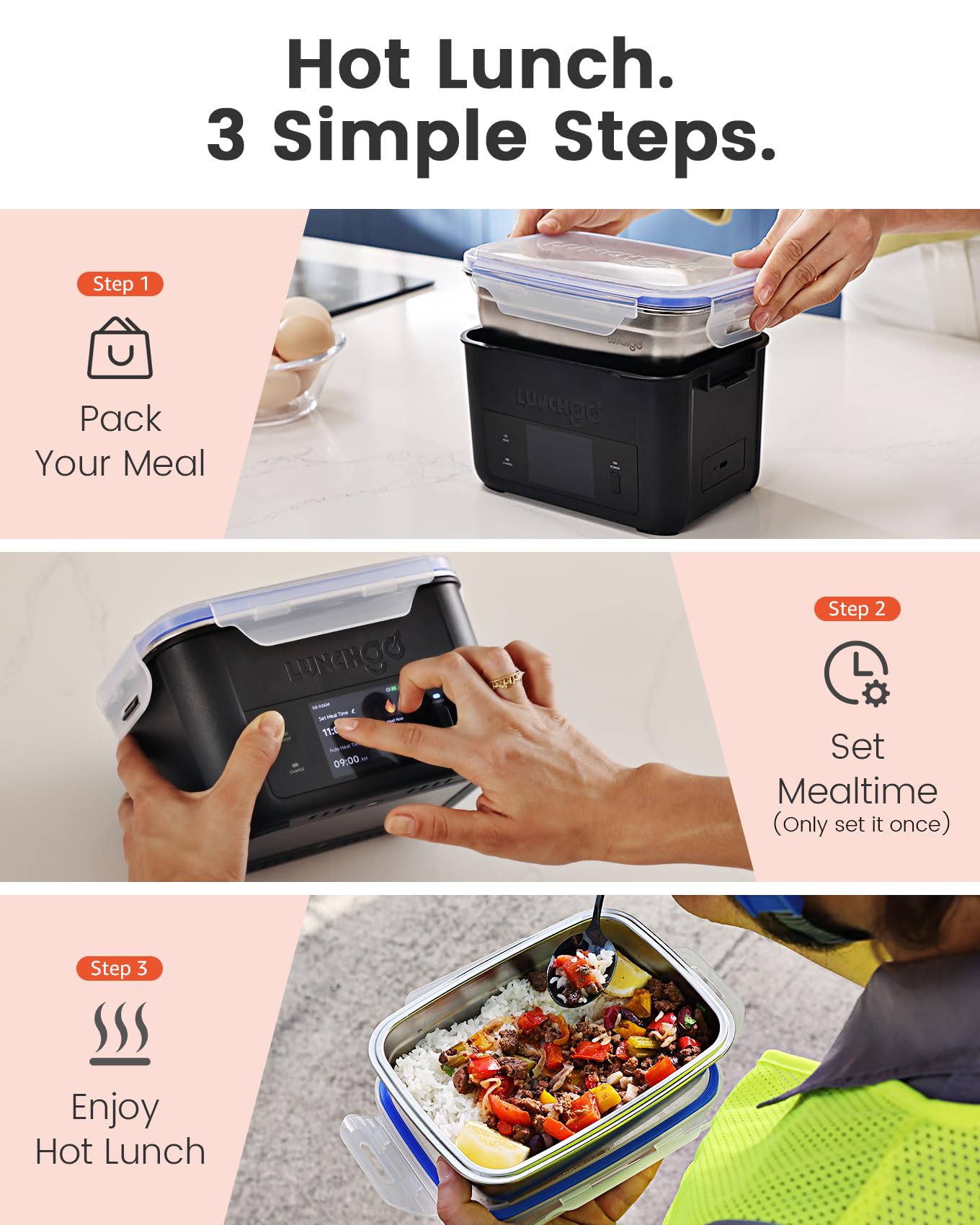 LUNCHGO® G1 Cordless Electric Heated Lunch Box, Battery Powered Self Heating Lunch Box, 5-Cup Capacity, 250°F Max, Scheduled Heating, Rechargeable Food Warmer for Work, Travel & Outdoor Use