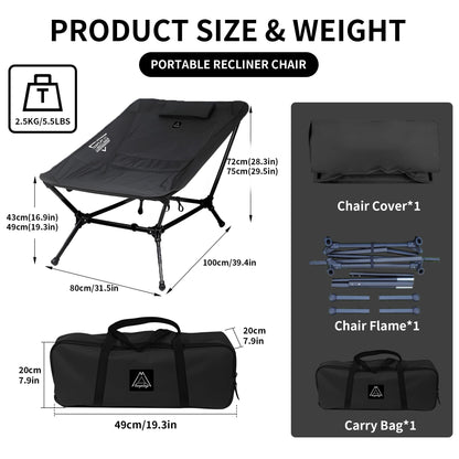 Reclining Chair, Lightweight Folding Camping Chair with Pillow, Backpacking with Carry Bag, 5-Way, Adjustable Height Chairs for Adults Heavy Duty 330lbs for Hiking, Fishing, Mountaineering Black