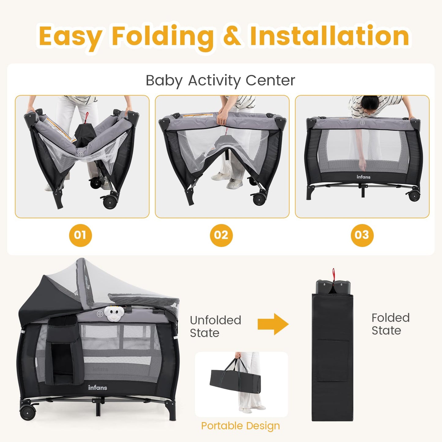 INFANS 4 in 1 Pack and Play, Portable Travel Baby Playard with Bassinet, Changing Table, Canopy, Mosquito Net, Hanging Toys, Music Box, Storage Bag, Large Playpen from Newborn to Toddlers (Black)