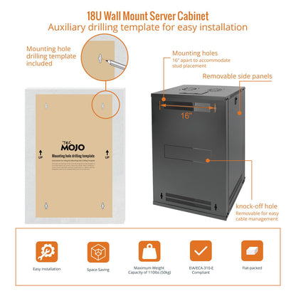 Tecmojo 18U Wall Mount Rack Network Cabinet for 19" IT Equipment,with Lockable Glass Door and Side Panels,Cooling Fan,Black,17.7inch Depth for AV/Computer/Electronics Equipment Data Rack
