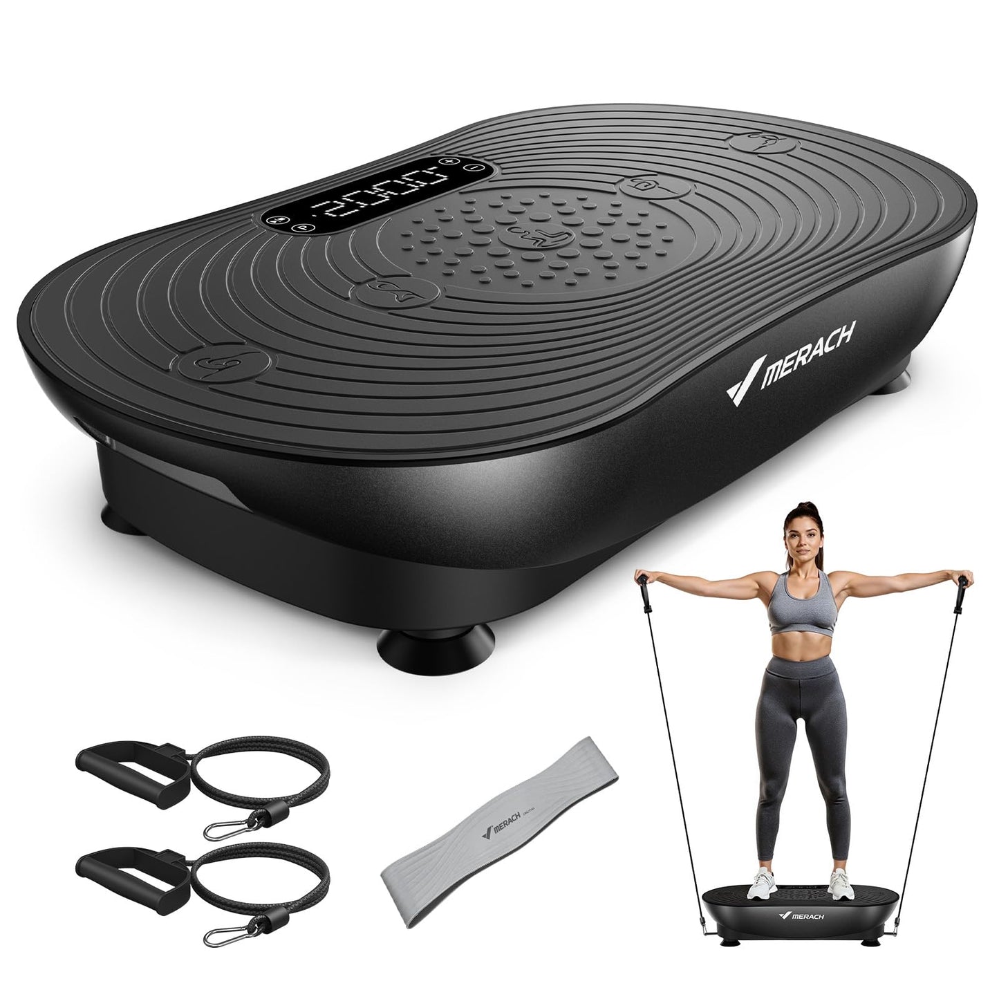 MERACH Vibration Plate Exercise Machine, Vibrating Platform for Lymphatic Drainage Weight Loss Muscle Activation, Full Body Home Exercise Equipment with LED Touch Screen Bluetooth Pull Cord
