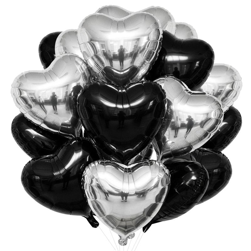 TONIFUL 30Pcs 18 Inch Black Silver Balloons Black Silver Heart Shape Foil Mylar Banners Decoration for Birthday Valentine's Day Wedding Bridal Shower Anniversary Engagement Party Supplies