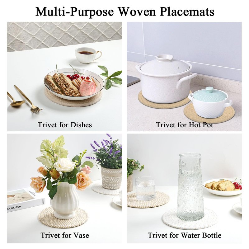 SHACOS 8 Inches Trivets for Hot Dishes, Pot Holders for Hot Pots and Pans, Handmade Cotton Woven Trivets Set, Heat-Resistant Hot Pads Plate Mats for Kitchen Countertops, Table Decor (Khaki, 4pcs)