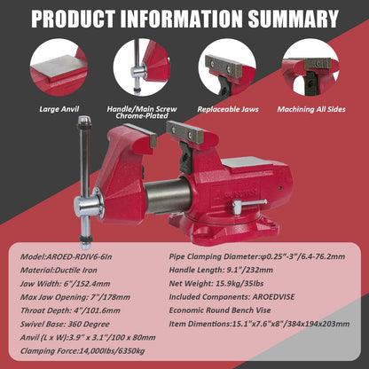 AROEDVISE 6" Bench Vise with 360° Swivel Base, 7" Jaw Opening, Heavy Duty Ductile Iron Workshop Vise with Anvil & Pipe Jaws, 72,000 PSI Clamping Tool for Garage, Metalworking & Repair (RDIV6)