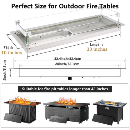 Hisencn 30 x 10 Inch Drop-in Fire Pit Kit, Premium Stainless Steel Modern Fire Trough with Tempered Glass Wind Guard, Built-in Outdoor Table Flame Feature for Patio, Backyard & Entertaining
