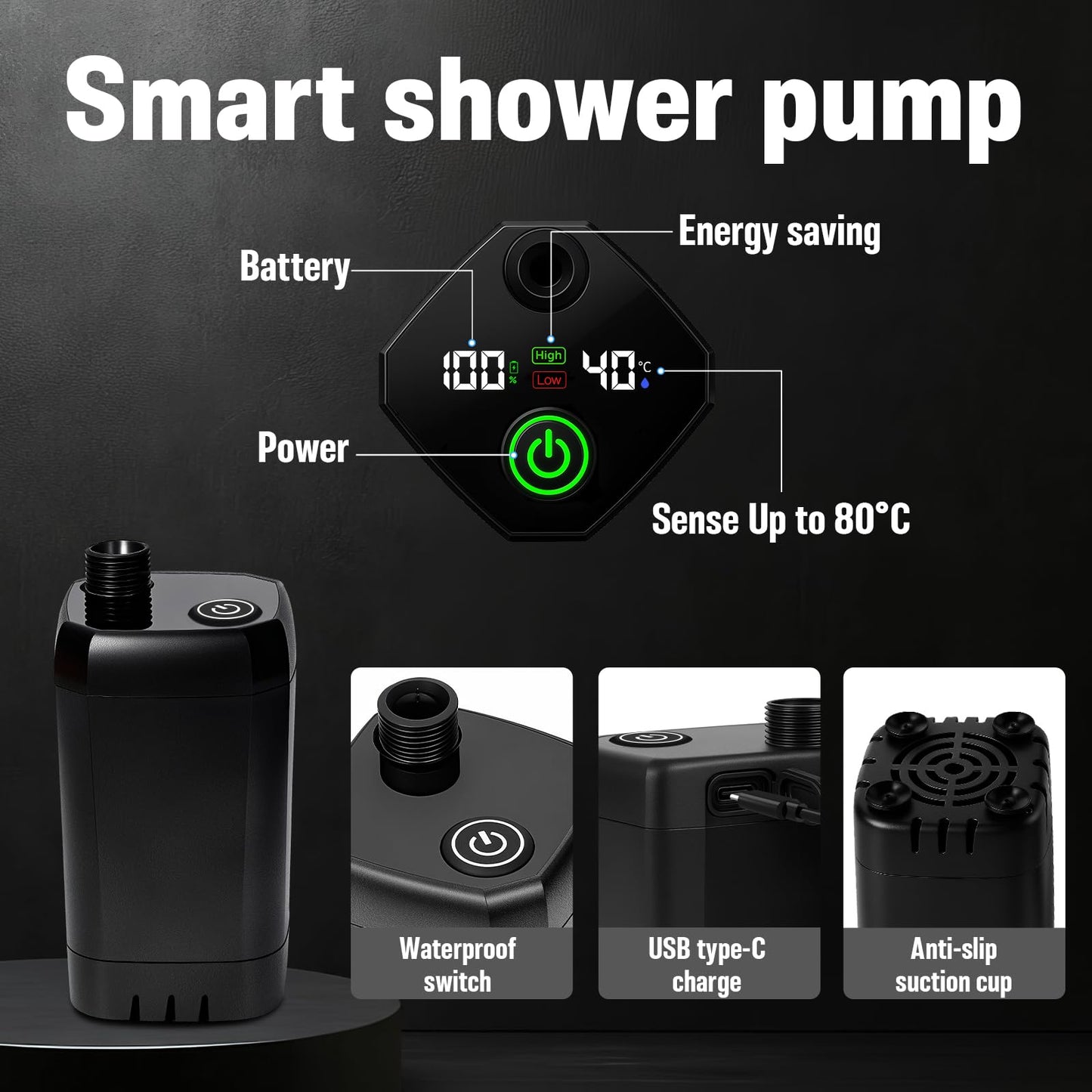 Portable Shower with Heater, Pop Up Camping Shower Privacy Tent Kit with LED Lights, 6000mAh Rechargeable Shower Pump, 6.6 Gal Foldable Bucket, Outdoor Camp Shower Kit for Travel, Pet Bath, Car Wash