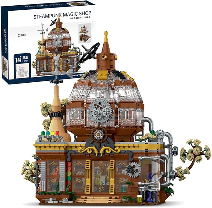 Steampunk Magic Shop Building Blocks Set – LED Lighted Model with Rich Details with Mechanic PartsMOC Architecture Toy Display for Adults &amp Teens(1842 Pcs)