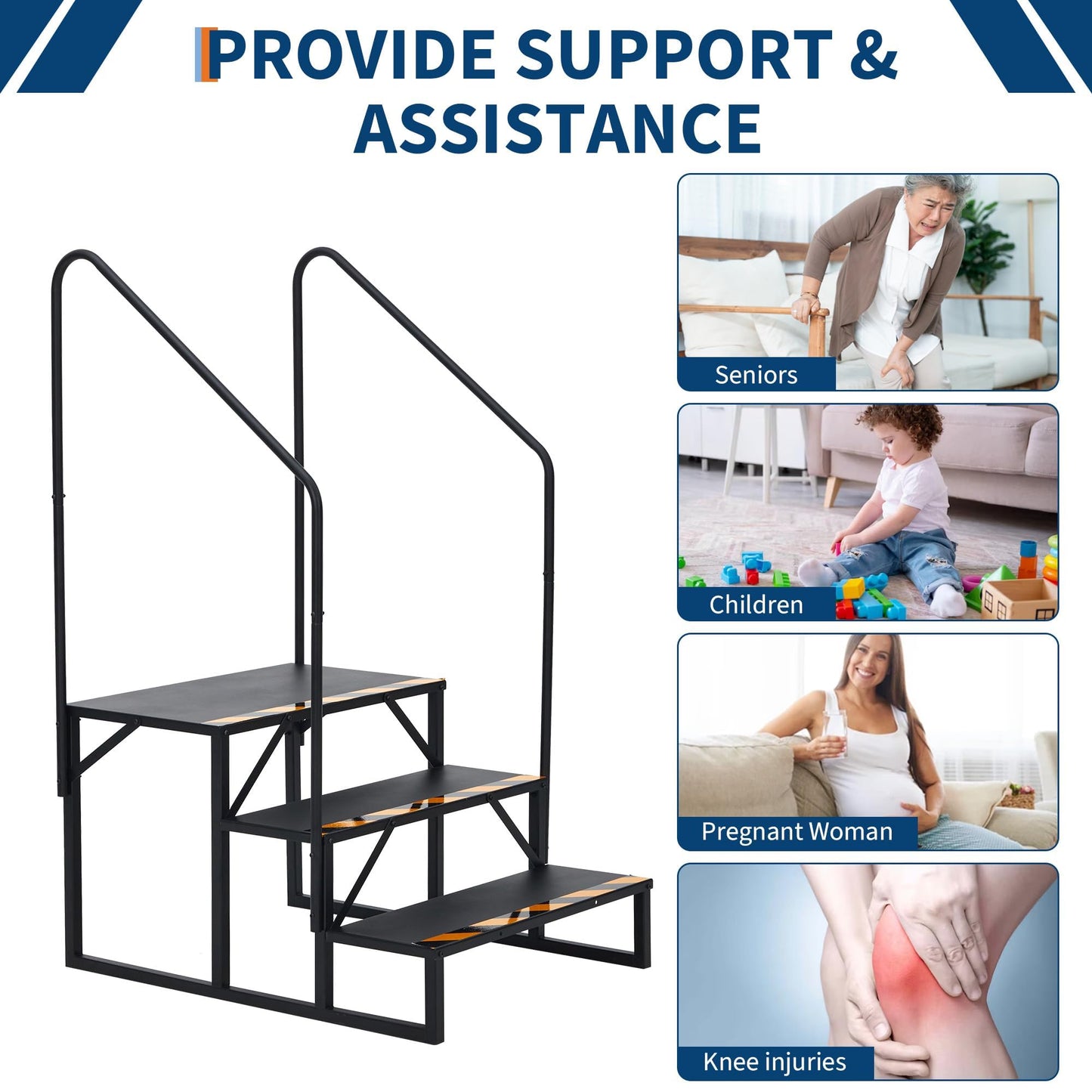 EliteEdge RV Steps with Handrails, 3 Step RV Stairs 660 Lbs Load Capacity,Portable Stairs Steps Steel Travel Trailers Ladder Step Ladder with Anti-Slip Panel, Mobile Home Stairs for Travel Trailers