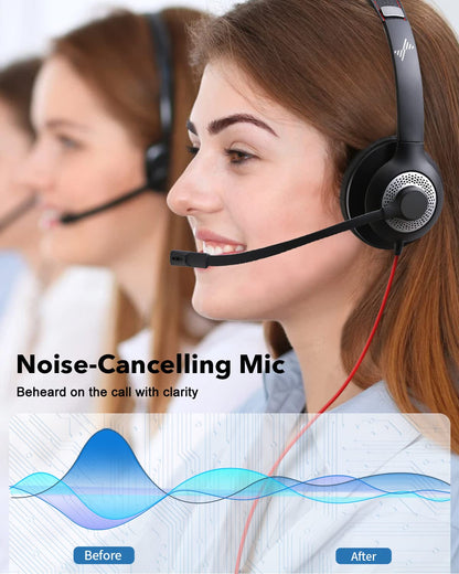 JIAMQISHI Headset with Microphone for PC Wired Headphones - 3.5mm On Ear Headsets with Noise-Cancelling Microphone for Laptop - Computer Headphones with Mic in-line Control for Home