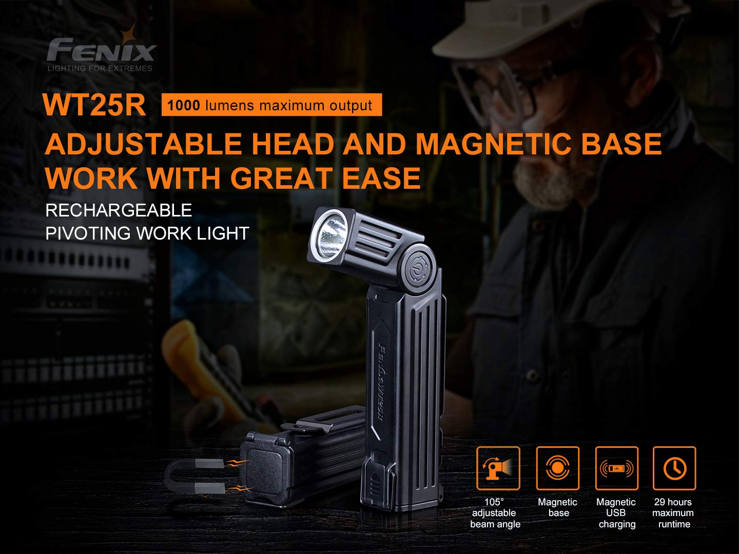 Fenix WT25R 1000 Lumen Rechargeable Handheld Worklight Magnetic Pivoting Flashlight with Organizer