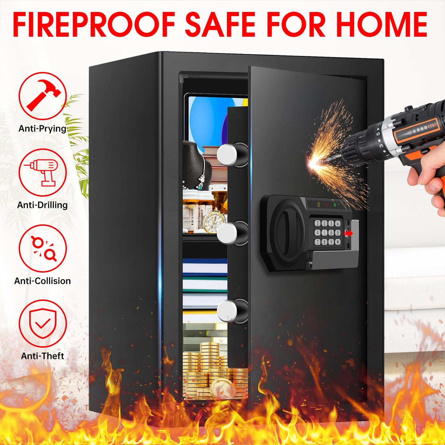 3.3 Cuft Large Home Safes Water and Fireproof, Anti-theft Floor Safe for Home Use with Programmable Keypad, Alarm System and Spare Keys, Digital Home Safe Box for Valuables, Medicine