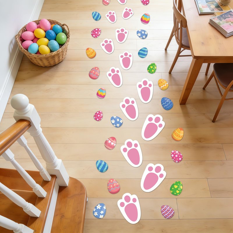 129 Pcs Easter Bunny Footprint Stickers for Floor Removable Easter Bunny Feet Paw Stickers Bunny Paw Print Easter Egg Flower Print Holiday Party Decorations Home Floor Window Decor Egg Hunting Games