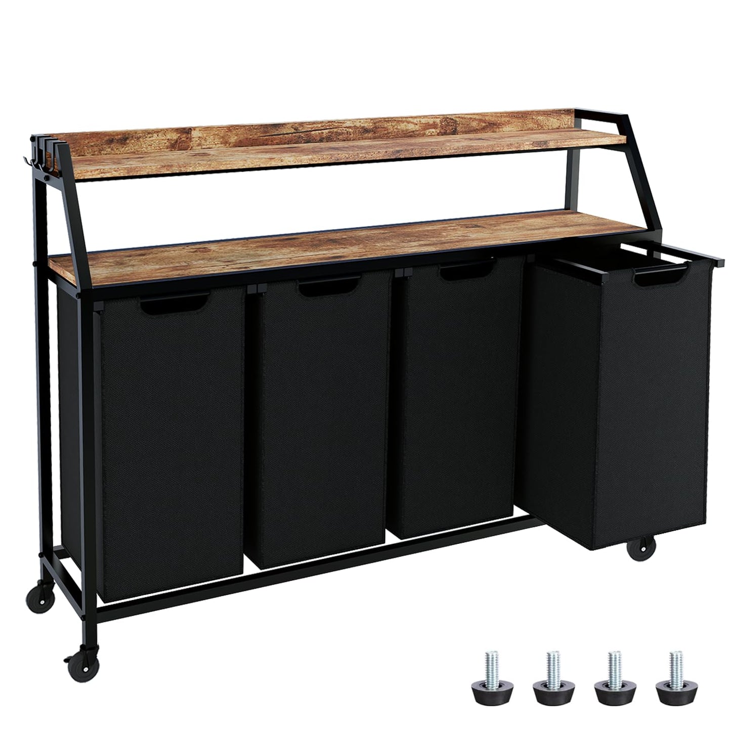 Timberer Laundry Hamper, Laundry Sorter with 4 Section, Rolling Basket with Wheels, 2 Shelves, 4 14.5 Gal, Pull-Out and Removable Oxford Fabric Bags for Laundry Room, Black and Rustic Brown