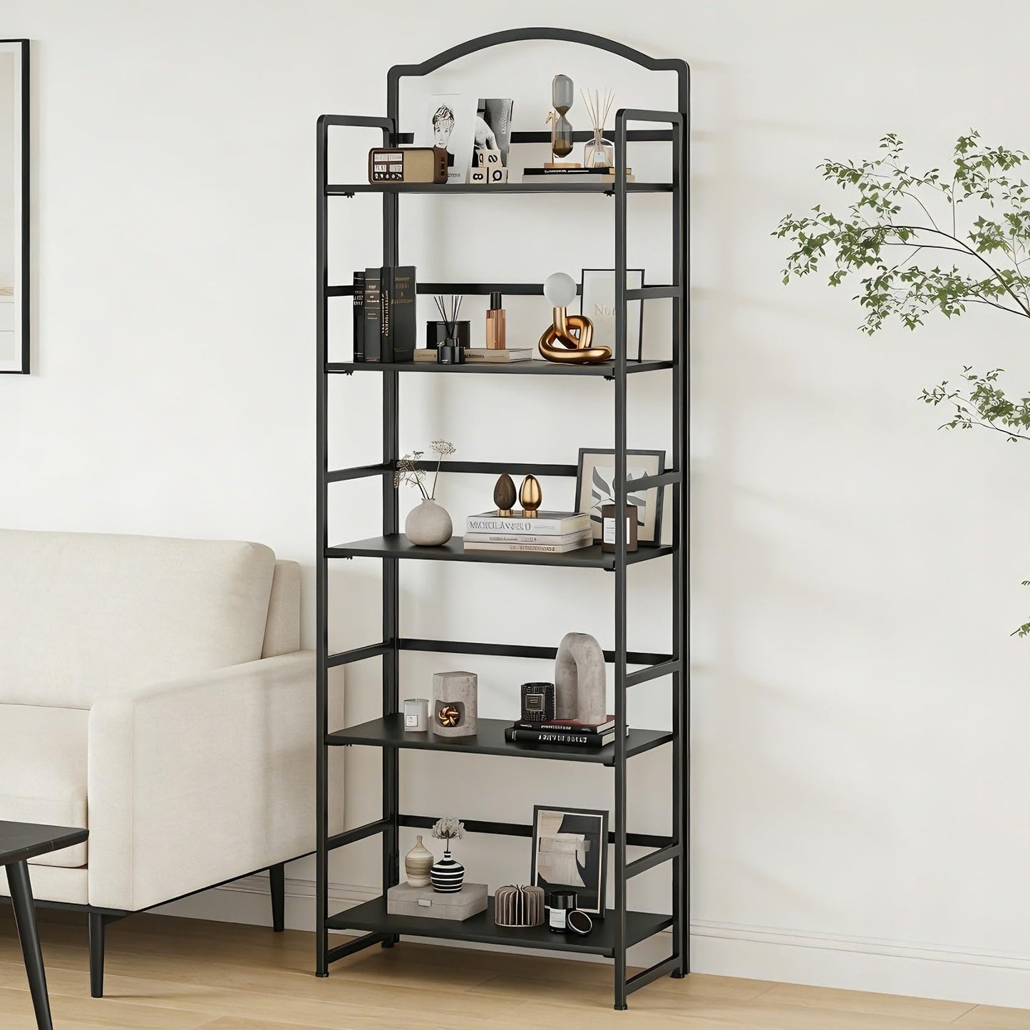 JSB 5 Tier No Assembly Folding Bookshelf, Arched Bookshelf, Foldable Bookcase for Living Room, Bedroom, Office,Skinny Bookshelf (Black)